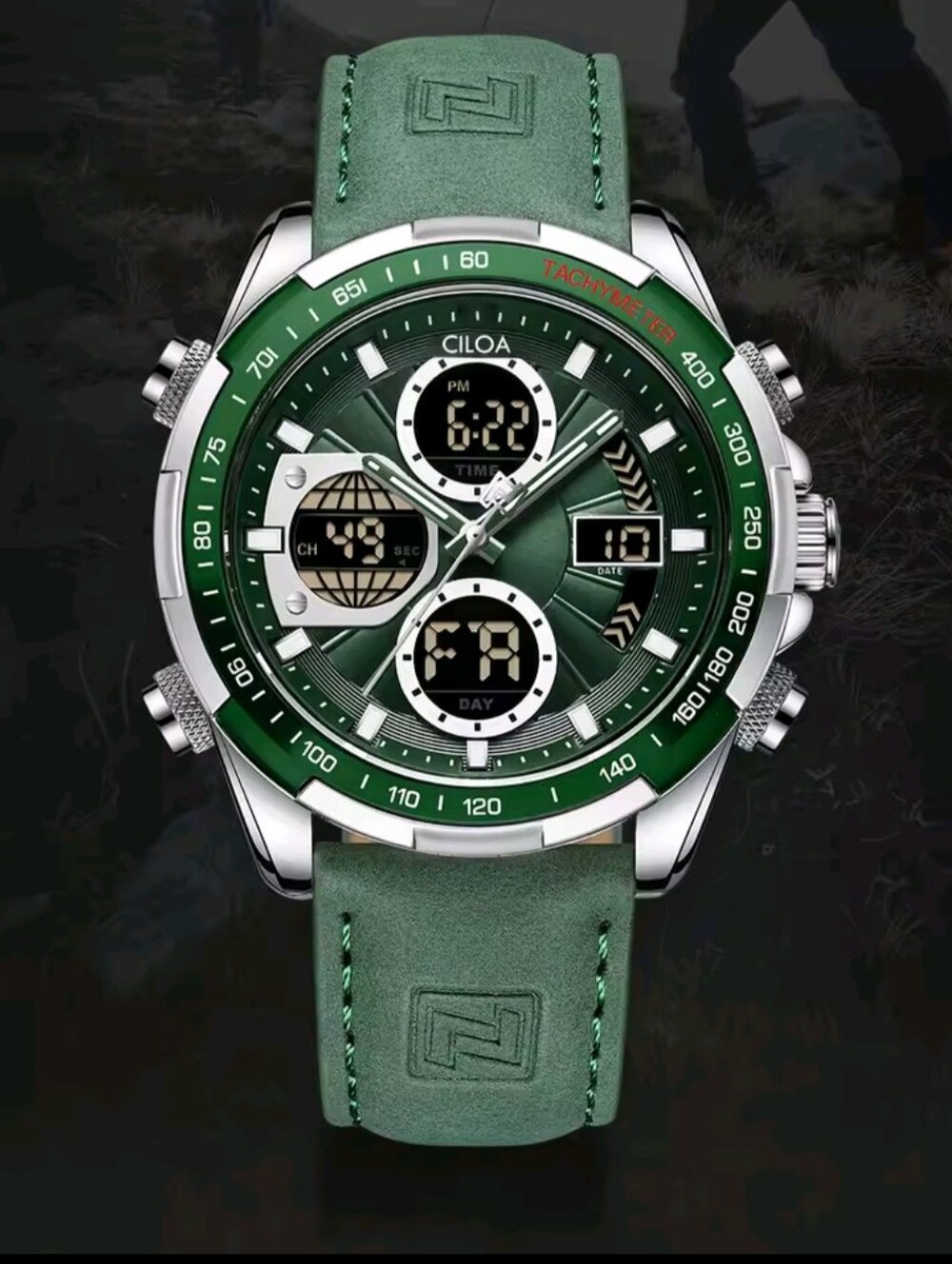 Men's Dual Display Digital Analog Watch Green Suede Leather Strap